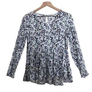 Anthropologie Jane and Delancey Blue Floral Long Sleeve Fit and Flare Blouse Top